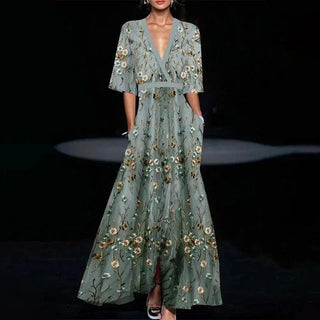 Floral V-Neck Evening Dress in Green — VerolynBoutique