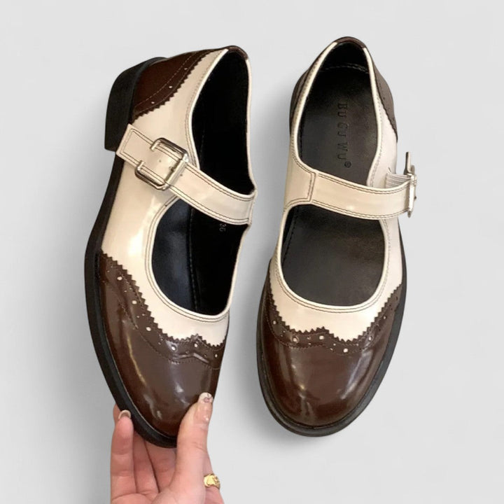 Two-Tone Brogue Mary Janes in Brown — VerolynBoutique
