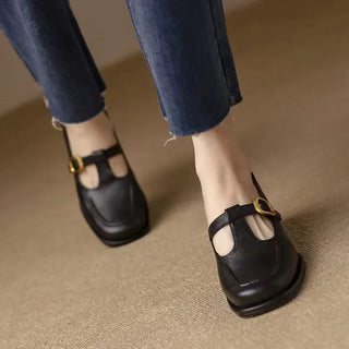 Stitched Gold Buckle T-Bar Shoes in Brown — VerolynBoutique