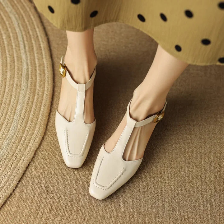 Closed Toe T-Bar Block Heels in Brown — VerolynBoutique