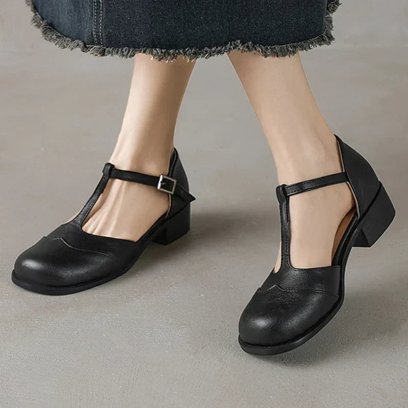 Stitched Round Toe T-Strap Shoes in Brown — VerolynBoutique