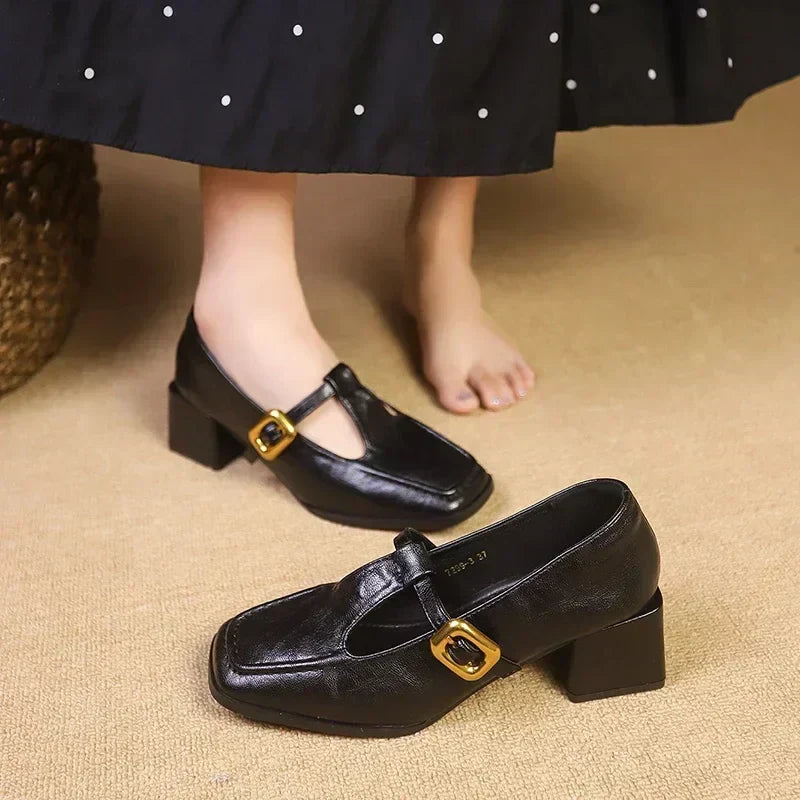 Glossy Square Toe T-Strap Heels in Brown — VerolynBoutique