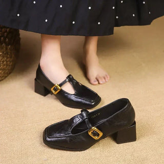 Glossy Square Toe T-Strap Heels in Brown — VerolynBoutique