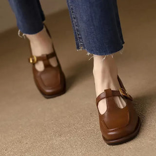Stitched Gold Buckle T-Bar Shoes in Brown — VerolynBoutique