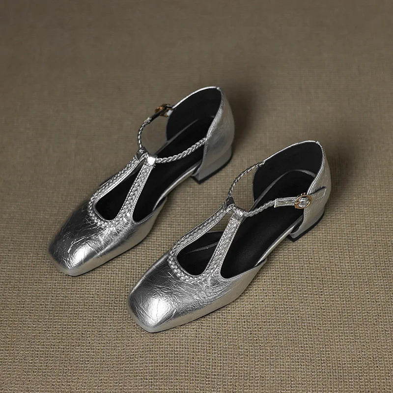 Braided T-Bar Square Toe Shoes in White — VerolynBoutique