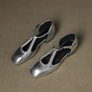 Braided T-Bar Square Toe Shoes in White — VerolynBoutique