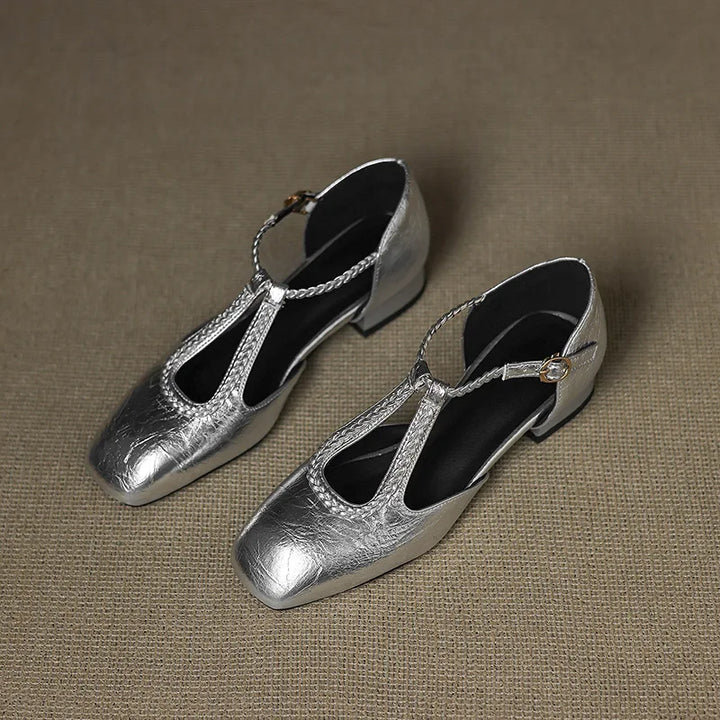 Braided T-Bar Square Toe Shoes in White — VerolynBoutique