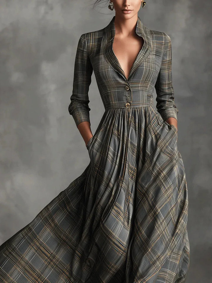 Plaid Collared Swing Maxi Dress in Green — VerolynBoutique