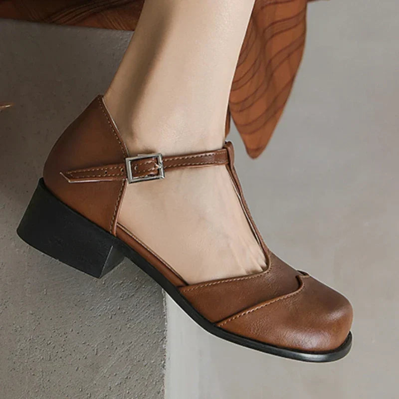 Stitched Round Toe T-Strap Shoes in Brown — VerolynBoutique