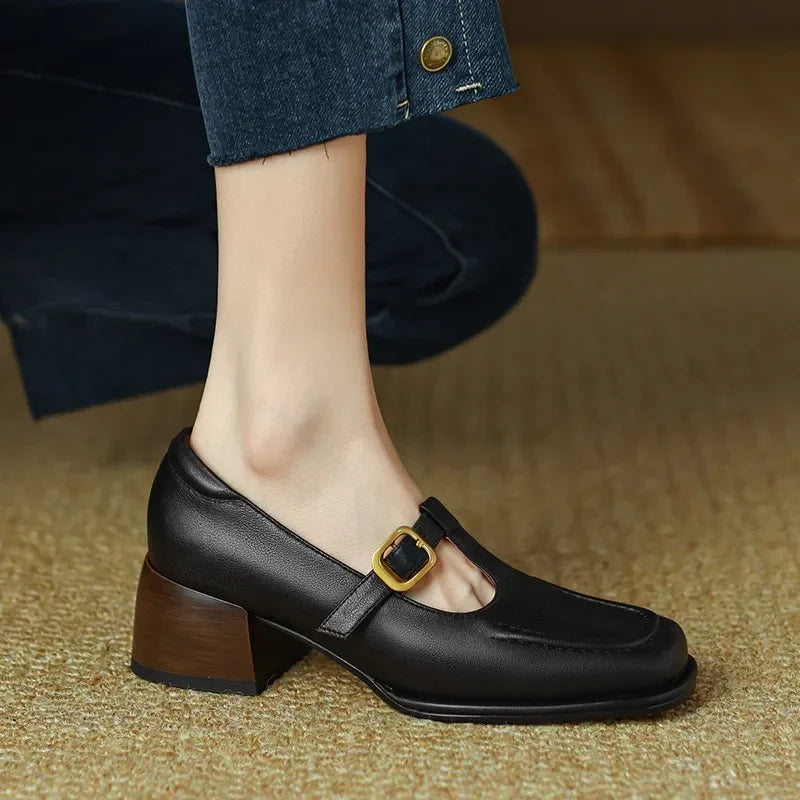Stitched Gold Buckle T-Bar Shoes in Brown — VerolynBoutique