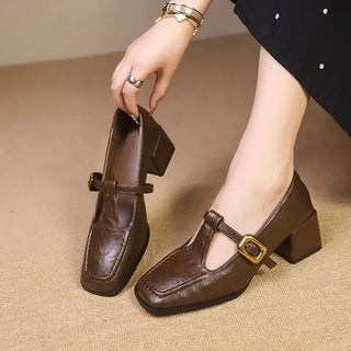 Glossy Square Toe T-Strap Heels in Brown — VerolynBoutique