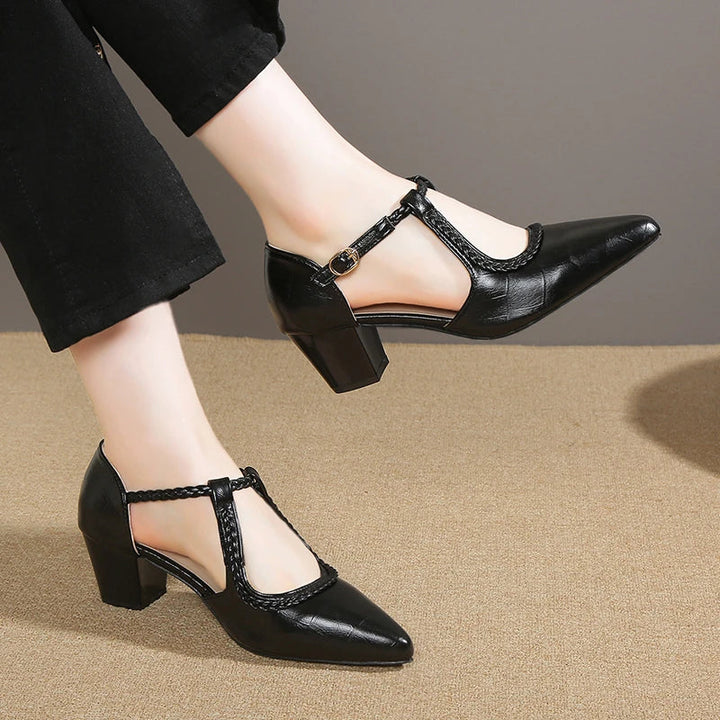 Braided T-Strap Block Heels in Black — VerolynBoutique