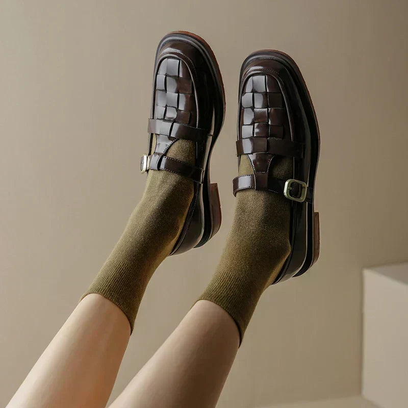 Basket-Weave Buckle Strap Flats in Brown — VerolynBoutique
