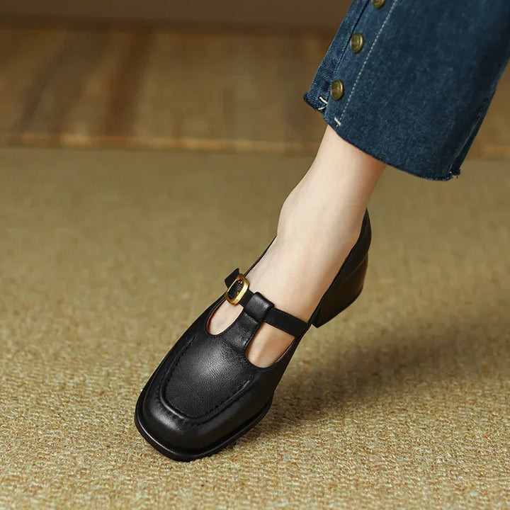 Stitched Gold Buckle T-Bar Shoes in Black — VerolynBoutique