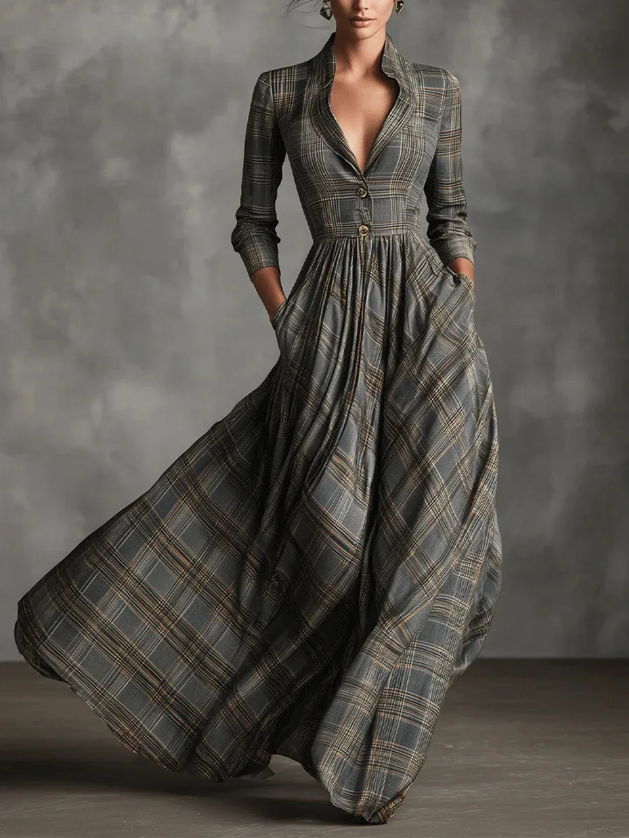 Plaid Collared Swing Maxi Dress in Grey — VerolynBoutique
