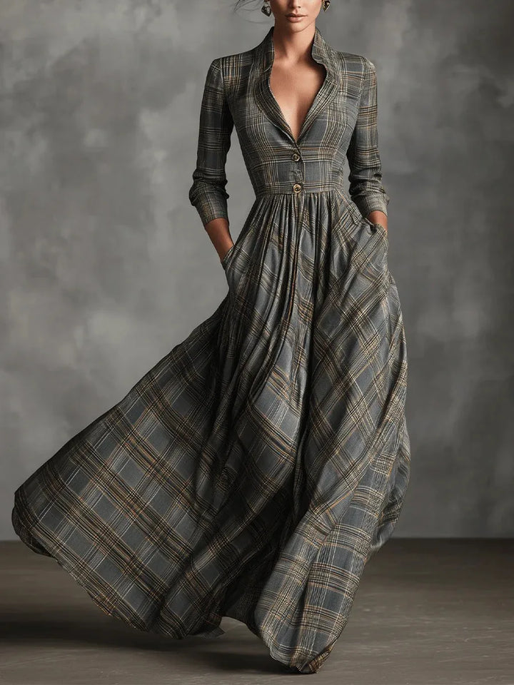 Plaid Collared Swing Maxi Dress in Grey — VerolynBoutique