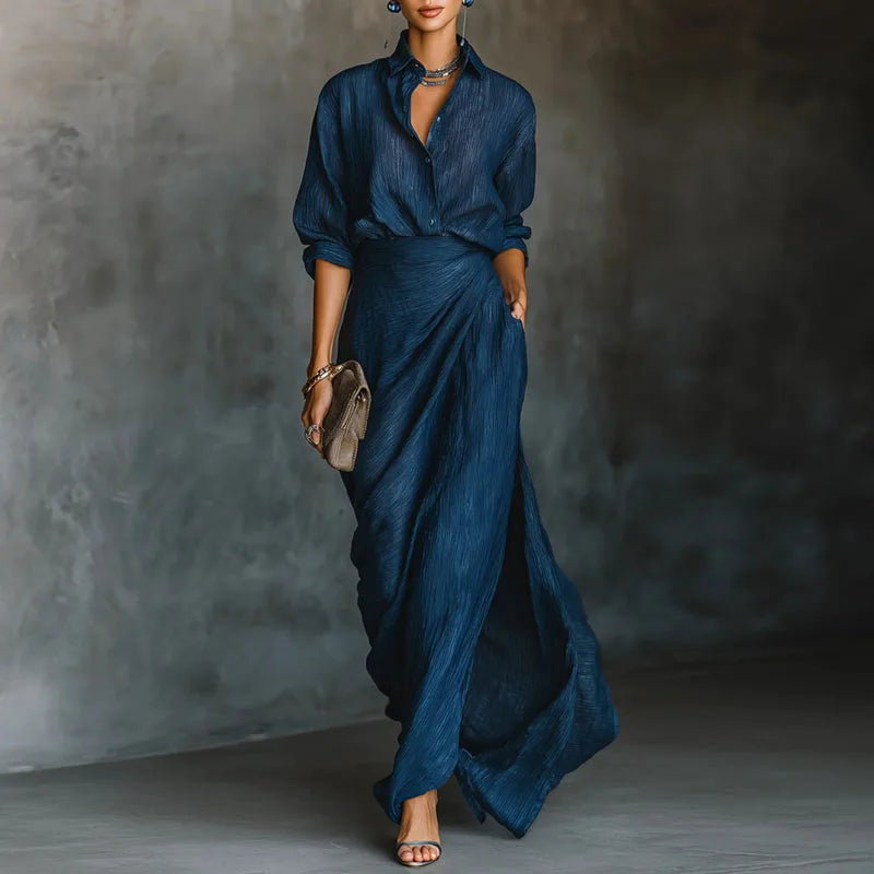Crinkle Shirt Maxi Skirt Set in Denim Blue — VerolynBoutique