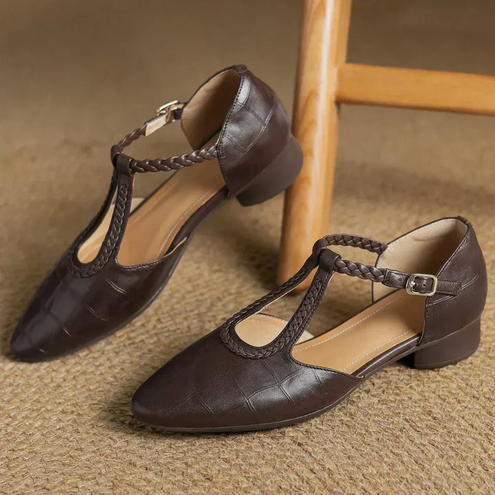 Croc-Embossed Braided T-Strap Shoes in Brown — VerolynBoutique