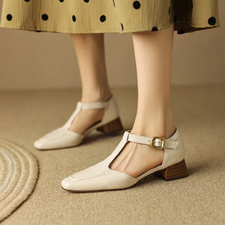Closed Toe T-Bar Block Heels in White — VerolynBoutique