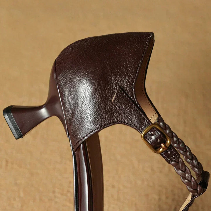Rose Accent T-Strap Kitten Heels in Brown — VerolynBoutique