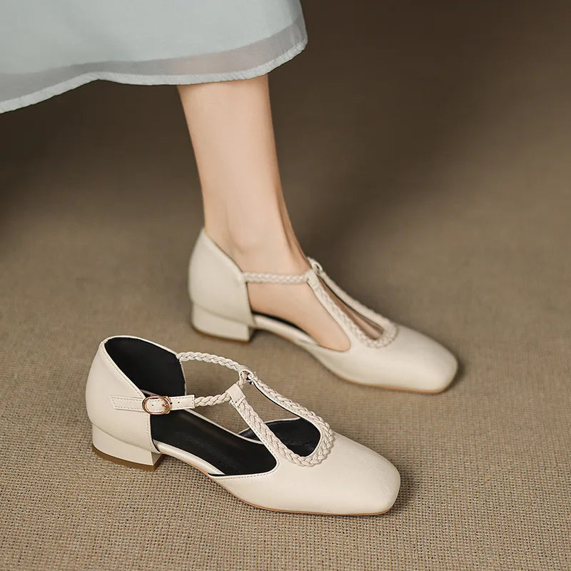 Braided T-Bar Square Toe Shoes in White — VerolynBoutique