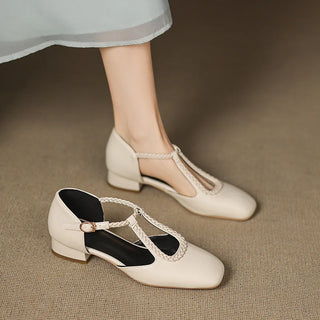 Braided T-Bar Square Toe Shoes in White — VerolynBoutique