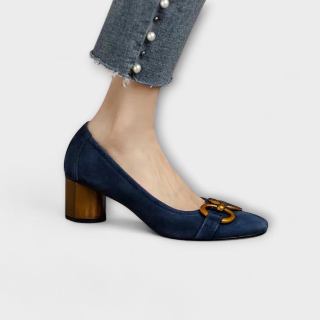 Suede-Look Horsebit Court Shoes in Navy — VerolynBoutique