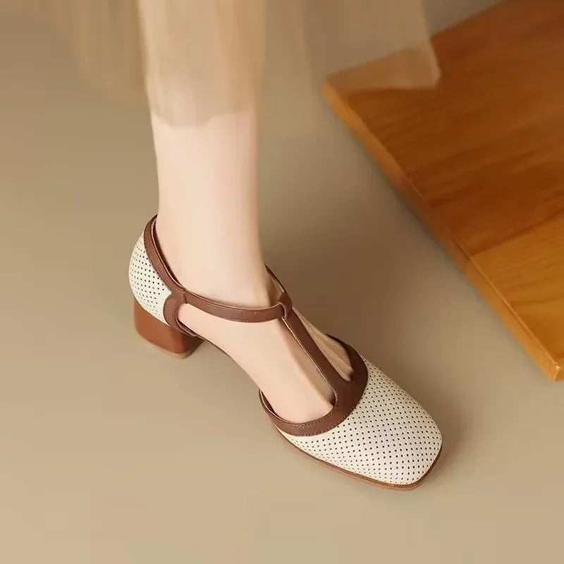 Perforated T-Strap Block Heels in Ivory — VerolynBoutique