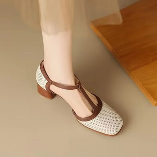 Perforated T-Strap Block Heels in Ivory — VerolynBoutique