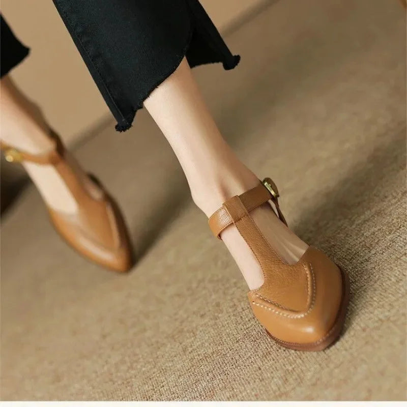 Pointed T-Strap Buckle Flats in Camel — VerolynBoutique