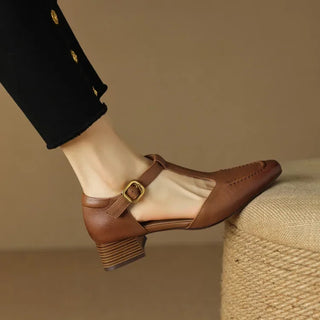 Closed Toe T-Bar Block Heels in Brown — VerolynBoutique