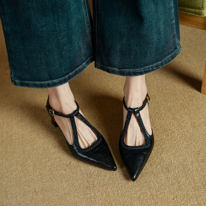 Braided Strap Pointed Toe Heels in Black — VerolynBoutique