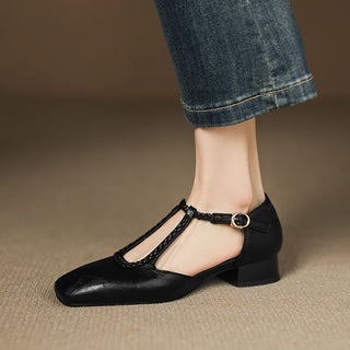 Braided T-Bar Square Toe Shoes in White — VerolynBoutique