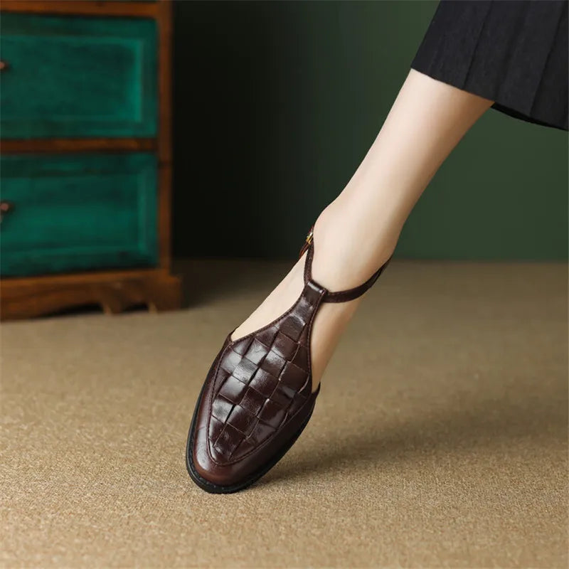 Woven Leather T-Bar Shoes in Brown — VerolynBoutique