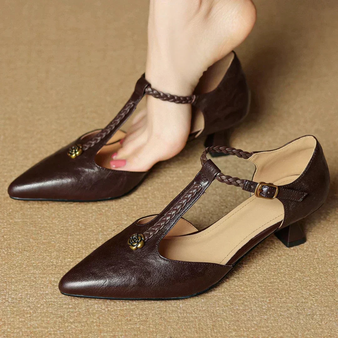 Rose Accent T-Strap Kitten Heels in Brown — VerolynBoutique