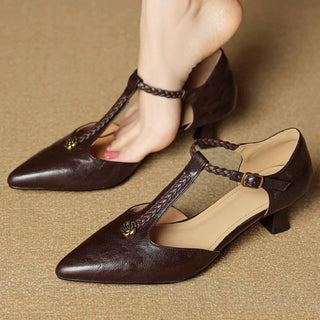 Rose Accent T-Strap Kitten Heels in Brown — VerolynBoutique