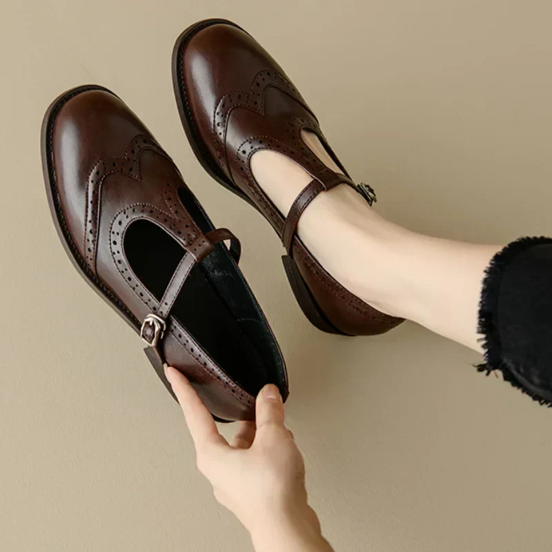 Brogue T-Strap Mary Janes in Brown — VerolynBoutique