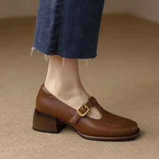 Stitched Gold Buckle T-Bar Shoes in Brown — VerolynBoutique