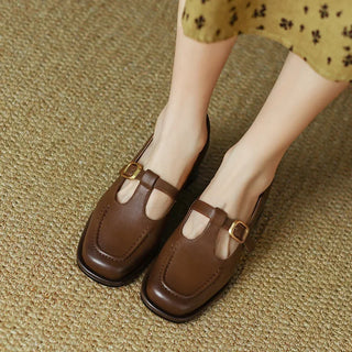 Stitched Gold Buckle T-Bar Shoes in Brown — VerolynBoutique