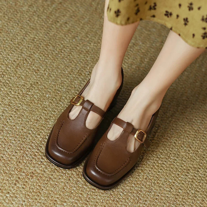 Stitched Gold Buckle T-Bar Shoes in Brown — VerolynBoutique