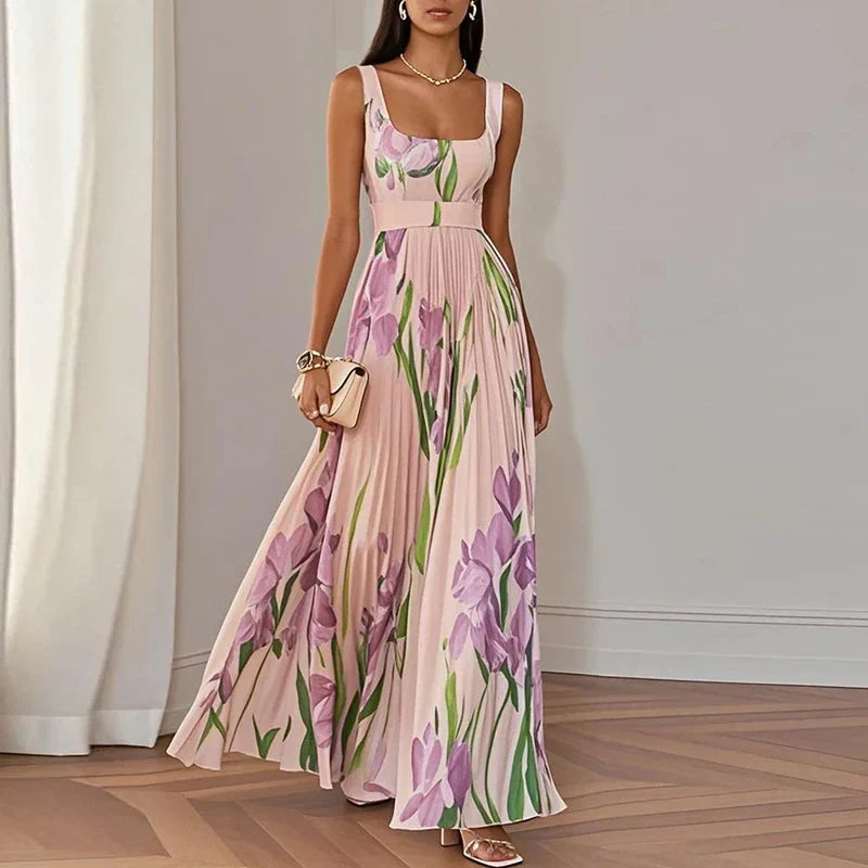 Square Neck Pleated Floral Dress in Pink — VerolynBoutique