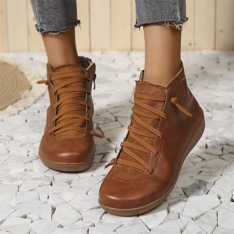 Wrap-Lace Side Zip Ankle Boots in Brown — VerolynBoutique
