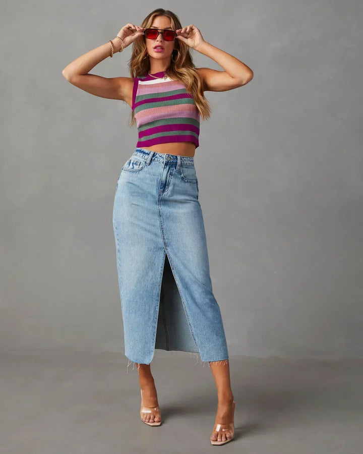 Front Slit Denim Midi Skirt in Sky Blue — VerolynBoutique