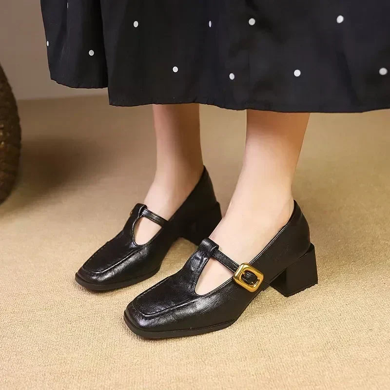 Glossy Square Toe T-Strap Heels in Black — VerolynBoutique