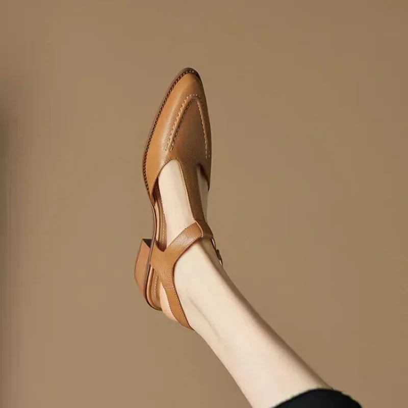 Pointed T-Strap Buckle Flats in Camel — VerolynBoutique