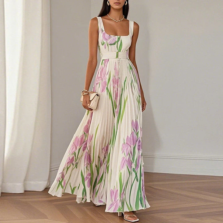 Square Neck Pleated Floral Dress in Apricot — VerolynBoutique