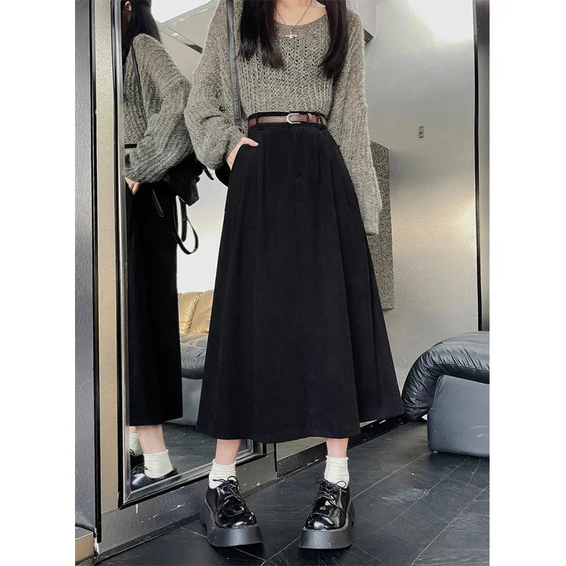 Belted Corduroy Midi Skirt in Black — VerolynBoutique