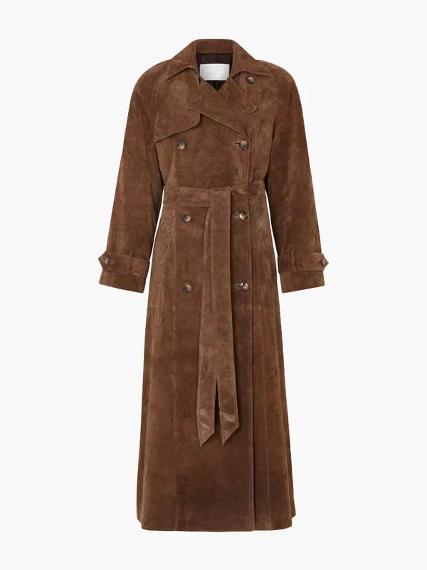 Belted Suede Longline Trench Coat in Brown — VerolynBoutique