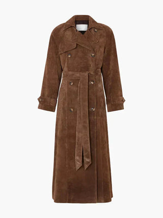 Belted Suede Longline Trench Coat in Brown — VerolynBoutique