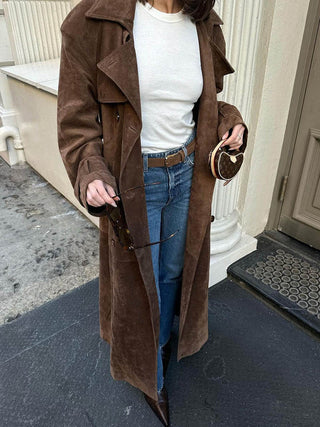 Belted Suede Longline Trench Coat in Brown — VerolynBoutique